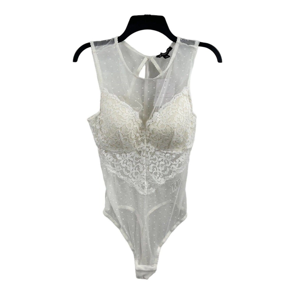 INC INTERNATIONAL CONCEPTS Cupped Swiss Dot Lingerie Thong Bodysuit White M New‎